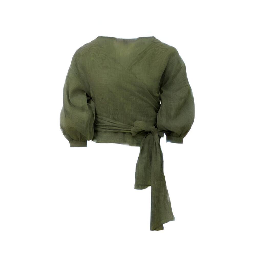 NEW NARY women's linen wrap top in army green
